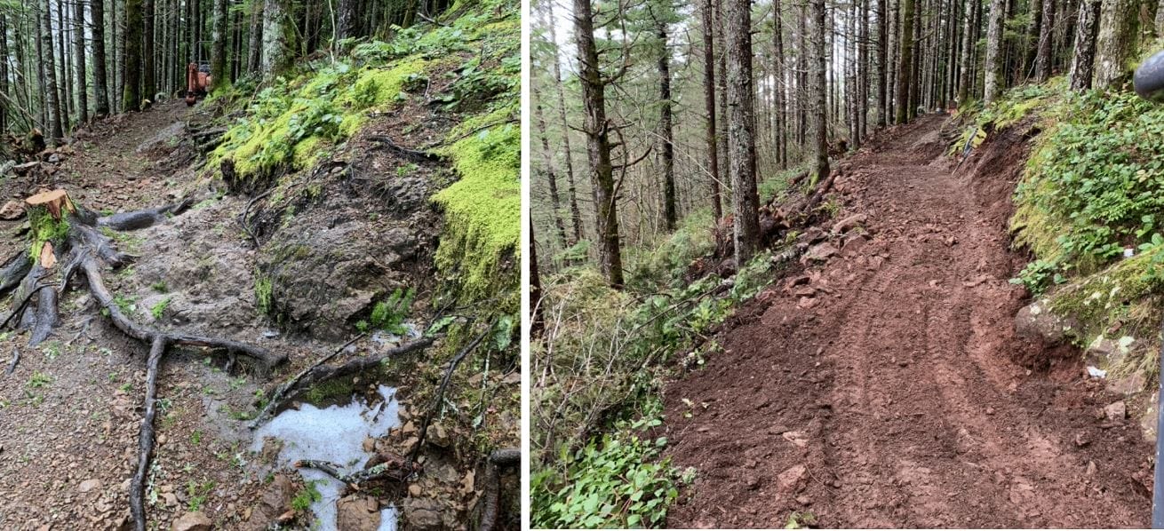 before and after photo of trail work on Rattlesnake Ledge trail