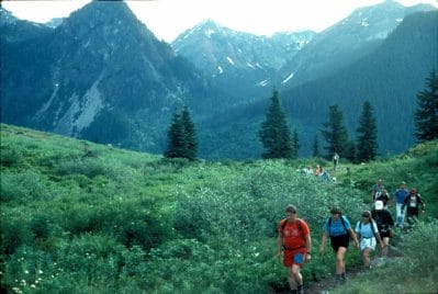 Historic photo of hikers traveling across snoqualmie pass during the first Greenway Trek