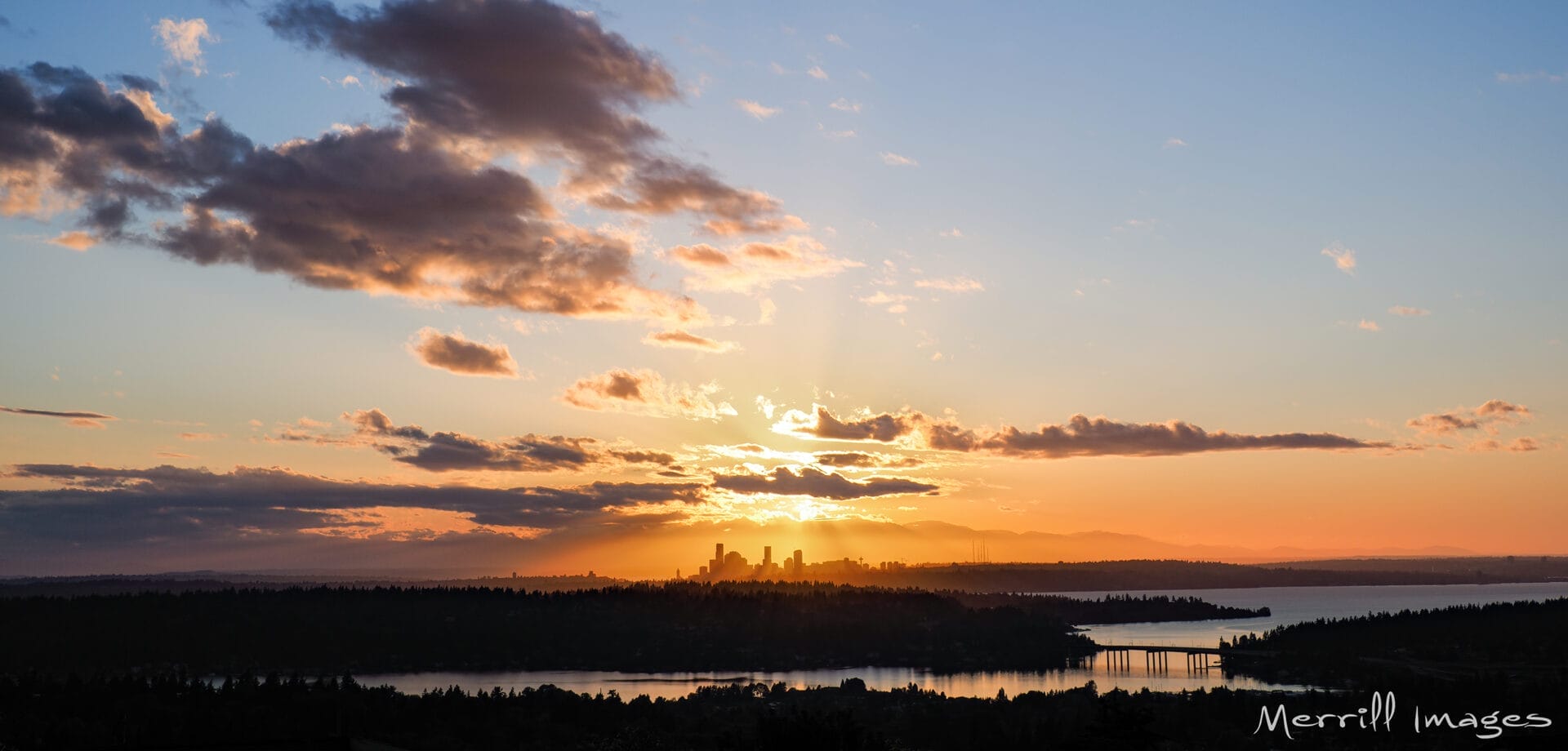 Sunset sky and cloud with Seattle in the distance