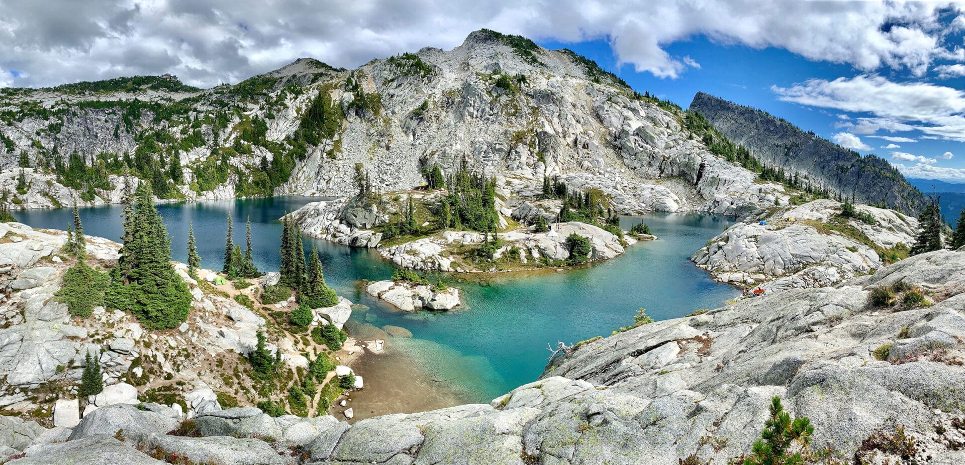 View of turqoise mountain lakes and peaks