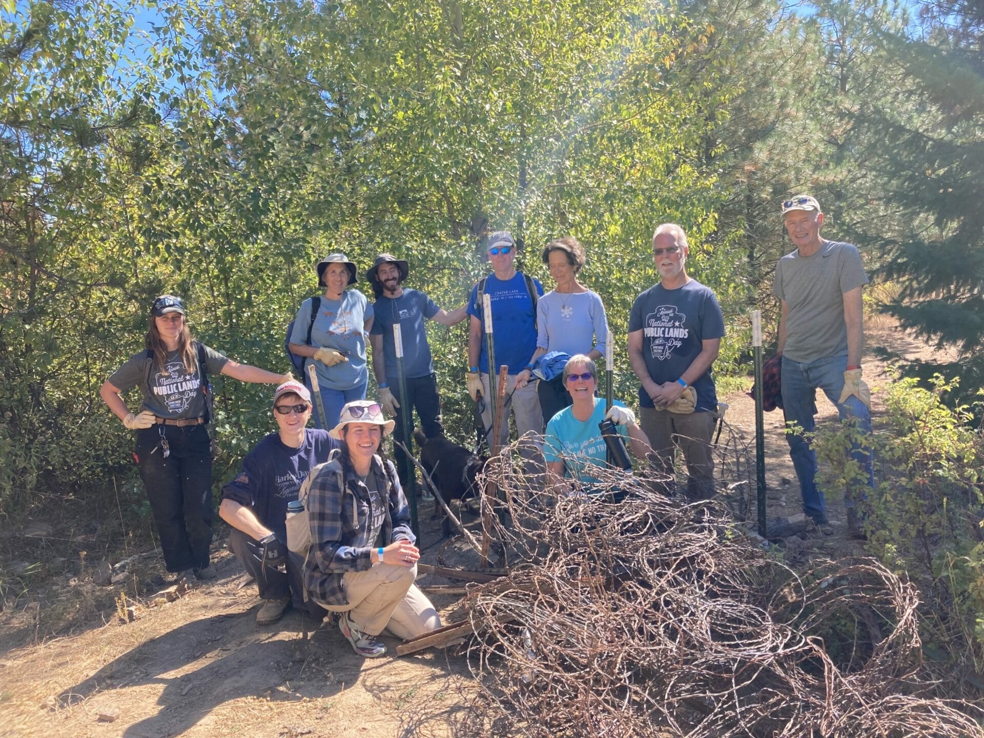 A group of volunteers stands behind a huge tangle of coiled barbed wire that they've pulled out of the woods.