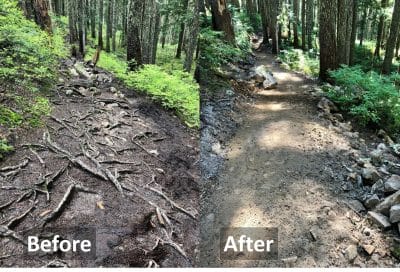 Before and after photos of trail work on the Annette Lake Trail