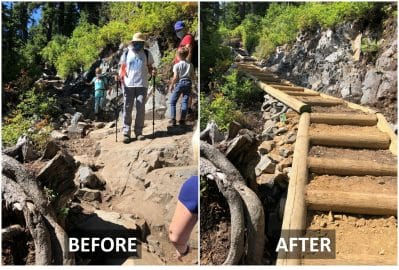 Before and after photo of steps on the Snow Lake Trail