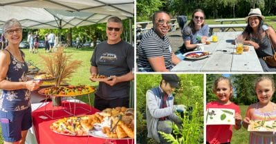 Compilation of 4 photos showing people at the Greenway spring breakfast outside