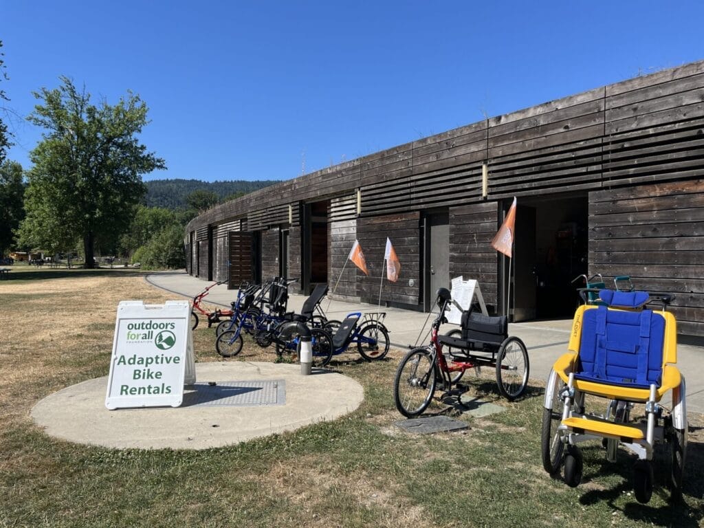 Adaptive bikes waiting to be rented at the Adaptive Cycling Center in Lake Sammamish State Park